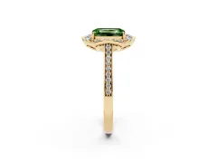 Fancy Green Emerald Cut Diamond Halo Ring Set in Yellow gold with Pavé-Lined Shoulders and Prong Setting