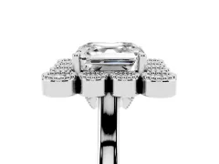 Asscher Cut Diamond Cluster Halo Ring Set in Platinum with Milgrain Bezel Accents and Plain Band