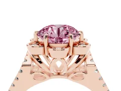 Fancy Pink Round Cut Diamond Floral Halo Split Shank Engagement Ring Set in Rose gold with Pavé Shank