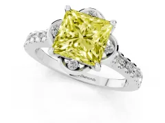 Fancy Yellow Princess Cut Diamond Solitaire Ring Set in Silver with Pavé Band and Floral Prong Setting