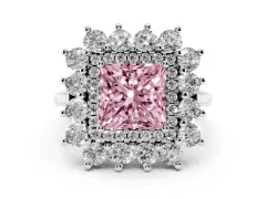 Fancy Pink Princess Cut Diamond Floral Double Halo Ring Set in Silver with Round Petals