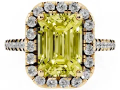 Fancy Yellow Emerald Cut Diamond Cushion Halo Ring Set in Yellow gold with Pavé Band