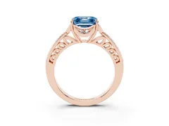 Fancy Blue Asscher Cut Diamond Halo Ring Set in Rose gold with Channel Set Band and Prong Setting