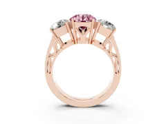 Fancy Pink Round Cut Diamond Three-Stone Ring Set in Rose gold with Textured Band