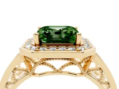 Fancy Green Asscher Cut Diamond Halo Ring Set in Yellow gold with Pavé and Bezel Accent Split Shank