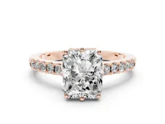 Radiant Cut Diamond Solitaire Engagement Ring Set in Rose gold with Pavé Band and Prong Setting