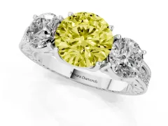 Fancy Yellow Round Cut Diamond Three-Stone Engagement Ring Set in White gold with Milgrain Pavé Band