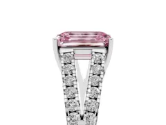 Fancy Pink Emerald Cut Diamond Split Shank Pavé Engagement Ring Set in White gold with Prong-Held Center Stone