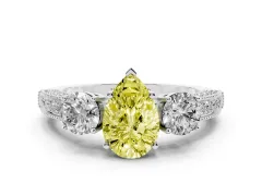 Fancy Yellow Pear Cut Diamond Three-Stone Ring Set in Silver with Round Side Stones and Pavé Band