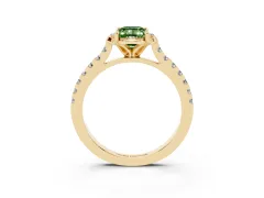 Fancy Green Emerald Cut Diamond Solitaire Ring Set in Yellow gold with Pavé Band and Floral Prong Setting