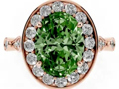 Fancy Green Oval Cut Diamond Halo Engagement Ring Set in Rose gold with Twisted Band and Prong Setting