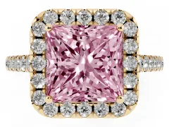 Fancy Pink Princess Cut Diamond Halo Pavé Engagement Ring Set in Yellow gold with Prong Setting