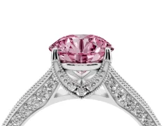 Fancy Pink Round Cut Diamond Solitaire Ring Set in Silver with Milgrain-Edged Pavé Band and Prong Setting