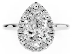 Pear Cut Diamond Halo Engagement Ring Set in White gold with Pavé Band and Rising Shoulders