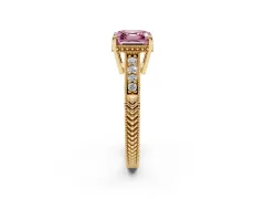 Fancy Pink Asscher Cut Diamond Solitaire Pavé Milgrain Engagement Ring Set in Yellow gold with Prong Setting