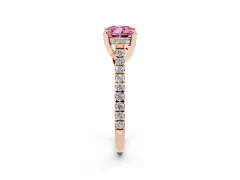 Fancy Pink Cushion Cut Diamond Solitaire Ring Set in Rose gold with Brilliant Pavé Band and Prong Setting