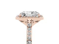 Radiant Cut Diamond Halo Engagement Ring Set in Rose gold with Round Pavé Shoulders and Heart Gallery