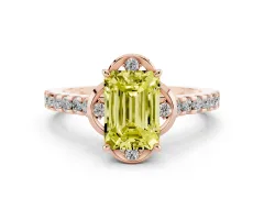 Fancy Yellow Emerald Cut Diamond Solitaire Ring Set in Rose gold with Pavé Band and Floral Prong Setting