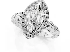 Marquise Cut Diamond Halo Ring Set in White gold with Filigree Leaf Band and Prong Setting