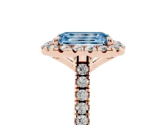 Fancy Blue Emerald Cut Diamond Cushion Halo Ring Set in Rose gold with Pavé Band