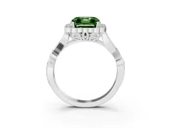Fancy Green Asscher Cut Diamond Halo Ring Set in Platinum with Leaf Motif Split Shank and Prong Setting