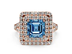 Fancy Blue Asscher Cut Diamond Double Halo Ring Set in Rose gold with Pavé Split Shank and Prong Setting