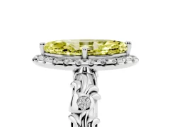 Fancy Yellow Marquise Cut Diamond Halo Ring Set in Platinum with Filigree Leaf Band and Prong Setting