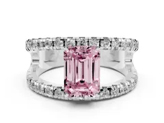 Fancy Pink Emerald Cut Diamond Split Shank Pavé Solitaire Ring Set in Platinum with Open Shank Design