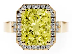 Fancy Yellow Radiant Cut Diamond Halo Ring Set in Yellow gold with Pavé-Lined Split Shank Band