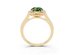 Fancy Green Round Cut Diamond Halo Ring Set in Yellow gold with Pavé-Lined Shoulders and Prong Setting