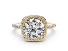 Round Cut Diamond Halo Engagement Ring Set in Yellow gold with Round Pavé Shoulders and Heart Gallery