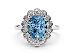 Fancy Blue Oval Cut Diamond Halo Cluster Engagement Ring Set in Platinum with Solitaire Band and Prong Setting