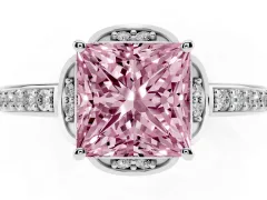 Fancy Pink Princess Cut Diamond Halo Ring Set in Platinum with Channel Set Band and Prong Setting