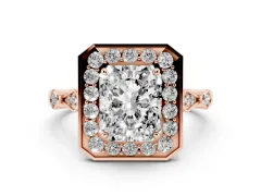 Radiant Cut Diamond Halo Engagement Ring Set in Rose gold with Twisted Band and Prong Setting