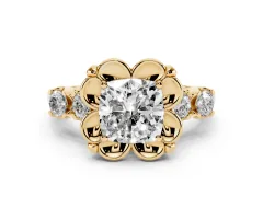 Cushion Cut Diamond Floral Halo Ring Set in Yellow gold with Shared Prong Band