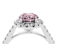 Fancy Pink Oval Cut Diamond Pavé Halo Engagement Ring Set in White gold with Pavé Band and Prong Setting