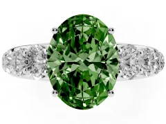 Fancy Green Oval Cut Diamond Solitaire Ring Set in White gold with Pavé-Set Band and Prong Setting