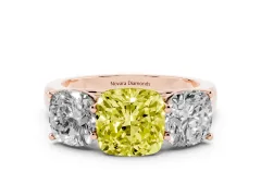Fancy Yellow Cushion Cut Diamond Three-Stone Ring Set in Rose gold with Plain Polished Band