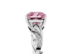 Fancy Pink Cushion Cut Diamond Vine Band Solitaire Ring Set in White gold with Milgrain Prong Setting