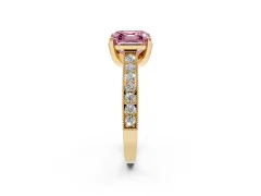 Fancy Pink Asscher Cut Diamond Solitaire Ring Set in Yellow gold with Milgrain-Edged Pavé Band and Prong Setting