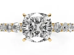Cushion Cut Diamond Solitaire Ring Set in Yellow gold with Shared Prong Pavé Band