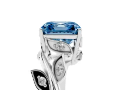 Fancy Blue Asscher Cut Diamond Solitaire Twist Engagement Ring Set in White gold with Pavé Leaf Accents