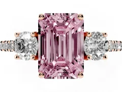 Fancy Pink Emerald Cut Diamond Three-Stone Ring Set in Rose gold with Pavé Band and Graduated Sides