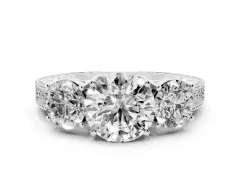 Round Cut Diamond Three-Stone Engagement Ring Set in White gold with Milgrain Pavé Band
