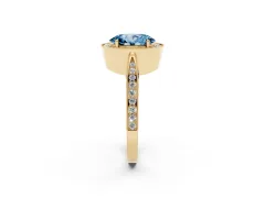 Fancy Blue Oval Cut Diamond Halo Engagement Ring Set in Yellow gold with Accent Split Shank Band