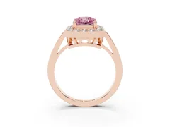 Fancy Pink Radiant Cut Diamond Halo Ring Set in Rose gold with Accent-Lined Split Shank and Prong Setting