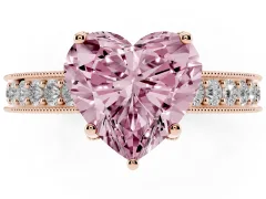 Fancy Pink Heart Cut Diamond Solitaire Ring Set in Rose gold with Milgrain-Edged Pavé Band and Prong Setting