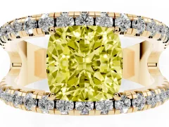 Fancy Yellow Cushion Cut Diamond Split Shank Pavé Solitaire Ring Set in Yellow gold with Open Shank Design