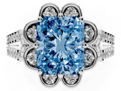 Fancy Blue Radiant Cut Diamond Floral Halo Split Shank Engagement Ring Set in Silver with Pavé Shank