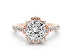 Princess Cut Diamond Solitaire Ring Set in Rose gold with Pavé Band and Floral Prong Setting